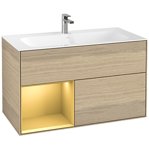Villeroy und Boch Finion Waschtischunterschrank G030HFPC 99,6x59,1cm, Wandbeleuchtung, Regal links Gold matt, Oak Veneer