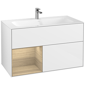 Villeroy und Boch Finion Waschtischunterschrank G030PCGF 99,6x59,1cm, Wandbeleuchtung, Regal links Oak Veneer, Glossy white lacquer