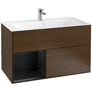 Villeroy und Boch Finion Waschtischunterschrank G030PDGN 99,6x59,1cm, Wandbeleuchtung, Regal links Black matt lacquer, Walnut veneer