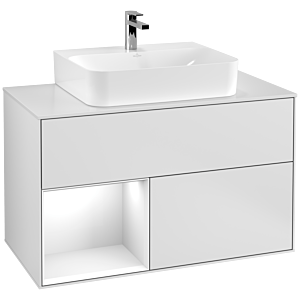 Villeroy et Boch Finion Villeroy et Boch G111GFMT 100cm, plaque de recouvrement blanc mat, Emotion, étagère gauche laqué blanc brillant, laqué blanc mat