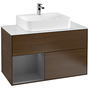 Villeroy et Boch Finion Villeroy et Boch G111GKGN 100cm, plaque de recouvrement blanc mat, émotion, étagère gauche anthracite mat, placage noyer