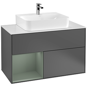Villeroy und Boch Finion Waschtischunterschrank G111GMGK 100cm, Abdeckplatte white matt, Emotion, Regal links Olive Matt Lacquer, Anthracite matt