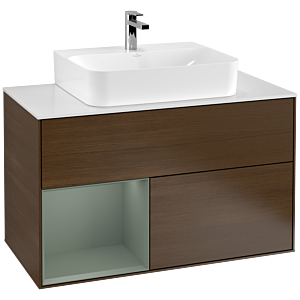 Villeroy und Boch Finion Waschtischunterschrank G111GMGN 100cm, Abdeckplatte white matt, Emotion, Regal links Olive Matt Lacquer, Walnut veneer