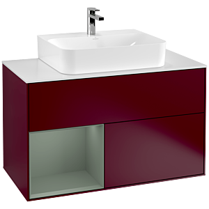 Villeroy und Boch Finion Waschtischunterschrank G111GMHB 100cm, Abdeckplatte white matt, Emotion, Regal links Olive Matt Lacquer, Peony Matt