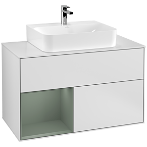 Villeroy und Boch Finion Waschtischunterschrank G111GMMT 100cm, Abdeckplatte white matt, Emotion, Regal links Olive Matt Lacquer, White matt lacquer