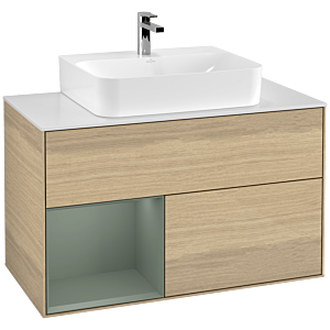 Villeroy und Boch Finion Waschtischunterschrank G111GMPC 100cm, Abdeckplatte white matt, Emotion, Regal links Olive Matt Lacquer, Oak Veneer