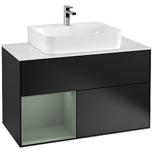 Villeroy und Boch Finion Waschtischunterschrank G111GMPD 100cm, Abdeckplatte white matt, Emotion, Regal links Olive Matt Lacquer, Black matt lacquer