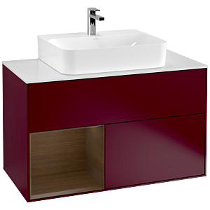 Villeroy und Boch Finion Waschtischunterschrank G111GNHB 100cm, Abdeckplatte white matt, Emotion, Regal links Walnut veneer, Peony Matt