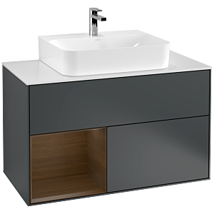 Villeroy und Boch Finion Waschtischunterschrank G111GNHG 100cm, Abdeckplatte white matt, Emotion, Regal links Walnut veneer, Midnight Blue Matt Lacquer