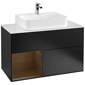 Villeroy und Boch Finion Waschtischunterschrank G111GNPD 100cm, Abdeckplatte white matt, Emotion, Regal links Walnut veneer, Black matt lacquer