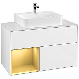 Villeroy et Boch Finion Villeroy et Boch G111HFGF 100cm, plaque de recouvrement blanc mat, Emotion, étagère gauche or mat, laqué blanc brillant