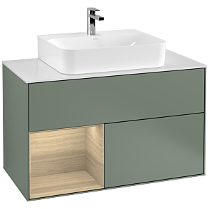 Villeroy et Boch Finion Villeroy et Boch G111PCGM 100cm, plaque de finition blanc mat, émotion, étagère à gauche Oak Veneer , Olive Matt Lacquer