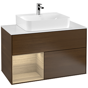 Villeroy und Boch Finion Waschtischunterschrank G111PCGN 100cm, Abdeckplatte white matt, Emotion, Regal links Oak Veneer, Walnut veneer