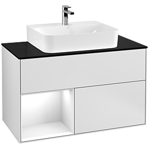 Villeroy et Boch Finion Villeroy et Boch G112GFMT 100cm, plaque de finition noir mat, Emotion, étagère gauche laqué blanc brillant, laqué blanc mat
