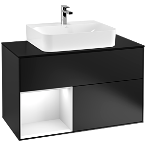 Villeroy und Boch Finion Waschtischunterschrank G112GFPD 100cm, Abdeckplatte black matt, Emotion, Regal links Glossy white lacquer, Black matt lacquer