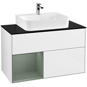 Villeroy und Boch Finion Waschtischunterschrank G112GMGF 100cm, Abdeckplatte black matt, Emotion, Regal links Olive Matt Lacquer, Glossy white lacquer