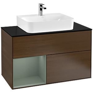 Villeroy und Boch Finion Waschtischunterschrank G112GMGN 100cm, Abdeckplatte black matt, Emotion, Regal links Olive Matt Lacquer, Walnut veneer