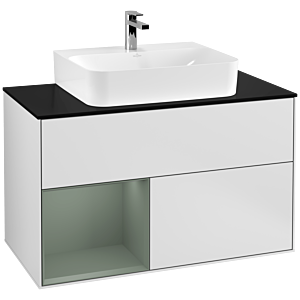 Villeroy und Boch Finion Waschtischunterschrank G112GMMT 100cm, Abdeckplatte black matt, Emotion, Regal links Olive Matt Lacquer, White matt lacquer