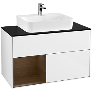Villeroy et Boch Finion Villeroy et Boch G112GNGF 100cm, plaque de finition noir mat, émotion, étagère gauche placage noyer, laqué blanc brillant
