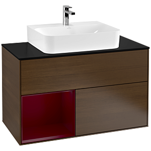 Villeroy und Boch Finion Waschtischunterschrank G112HBGN 100cm, Abdeckplatte black matt, Emotion, Regal links Peony, Walnut veneer