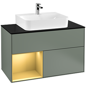 Villeroy et Boch Finion Villeroy et Boch G112HFGM 100cm, plaque de finition noir mat, Emotion, étagère gauche or mat, Olive Matt Lacquer