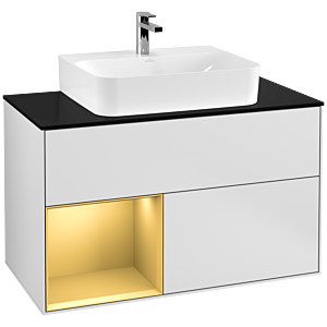Villeroy und Boch Finion Waschtischunterschrank G112HFMT 100cm, Abdeckplatte black matt, Emotion, Regal links Gold matt, White matt lacquer