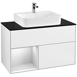 Villeroy et Boch Finion Villeroy et Boch G112MTGF 100cm, plaque de finition noir mat, Emotion, étagère gauche laqué blanc mat, laqué blanc brillant