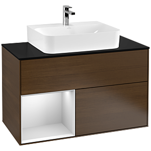 Villeroy et Boch Finion Villeroy et Boch G112MTGN 100cm, plaque de finition noir mat, émotion, étagère gauche laqué blanc mat, placage noyer