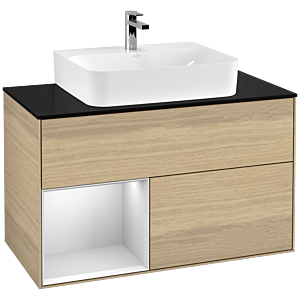 Villeroy und Boch Finion Waschtischunterschrank G112MTPC 100cm, Abdeckplatte black matt, Emotion, Regal links White matt lacquer, Oak Veneer