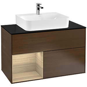 Villeroy und Boch Finion Waschtischunterschrank G112PCGN 100cm, Abdeckplatte black matt, Emotion, Regal links Oak Veneer, Walnut veneer