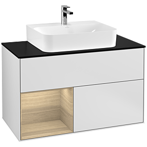 Villeroy und Boch Finion Waschtischunterschrank G112PCMT 100cm, Abdeckplatte black matt, Emotion, Regal links Oak Veneer, White matt lacquer