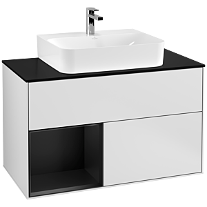 Villeroy et Boch Finion Villeroy et Boch G112PDMT 100cm, plaque de finition noir mat, Emotion, étagère à gauche laqué noir mat, laqué blanc mat