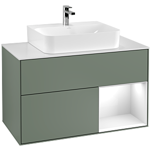 Villeroy et Boch Finion Villeroy et Boch G121GFGM 100cm, plaque de finition blanc mat, Emotion, étagère à droite Laque blanc brillant, Olive Matt Lacquer