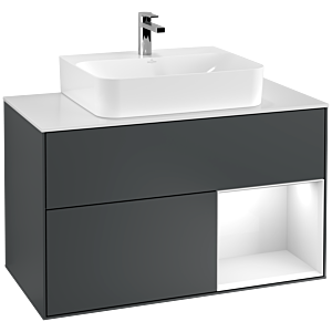 Villeroy et Boch Finion Villeroy et Boch G121GFHG 100cm, plaque de finition blanc mat, Emotion, étagère à droite Laque blanc brillant, Midnight Blue Matt Lacquer
