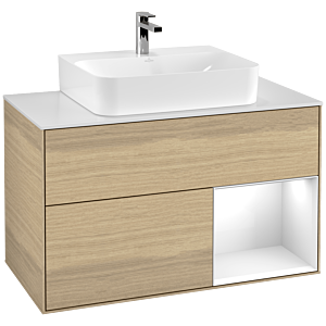 Villeroy et Boch Finion Villeroy et Boch G121GFPC 100cm, plaque de finition blanc mat, Emotion, étagère à droite Laque blanc brillant, Oak Veneer