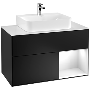 Villeroy et Boch Finion Villeroy et Boch G121GFPD 100cm, plaque de recouvrement blanc mat, Emotion, étagère à droite laqué blanc brillant, laqué noir mat