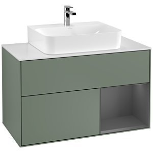 Villeroy und Boch Finion Waschtischunterschrank G121GKGM 100cm, Abdeckplatte white matt, Emotion, Regal rechts Anthracite matt, Olive Matt Lacquer