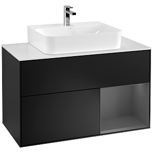 Villeroy und Boch Finion Waschtischunterschrank G121GKPD 100cm, Abdeckplatte white matt, Emotion, Regal rechts Anthracite matt, Black matt lacquer