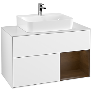 Villeroy et Boch Finion Villeroy et Boch G121GNGF 100cm, plaque de finition blanc mat, émotion, étagère à droite placage noyer, laqué blanc brillant
