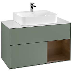 Villeroy et Boch Finion Villeroy et Boch G121GNGM 100cm, plaque de finition blanc mat, émotion, étagère à droite placage noyer, Olive Matt Lacquer
