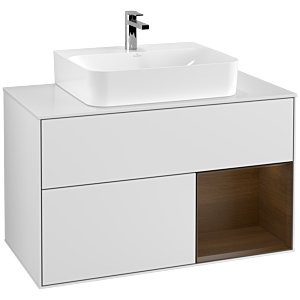 Villeroy und Boch Finion Waschtischunterschrank G121GNMT 100cm, Abdeckplatte white matt, Emotion, Regal rechts Walnut veneer, White matt lacquer