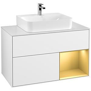 Villeroy et Boch Finion Villeroy et Boch G121HFGF 100cm, plaque de finition blanc mat, Emotion, étagère à droite or mat, laqué blanc brillant