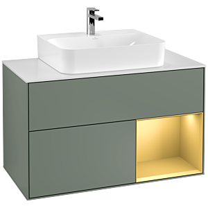 Villeroy und Boch Finion Waschtischunterschrank G121HFGM 100cm, Abdeckplatte white matt, Emotion, Regal rechts Gold matt, Olive Matt Lacquer