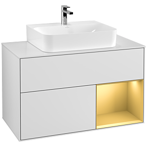 Villeroy et Boch Finion Villeroy et Boch G121HFMT 100cm, plaque de recouvrement blanc mat, Emotion, étagère droite or mat, laqué blanc mat