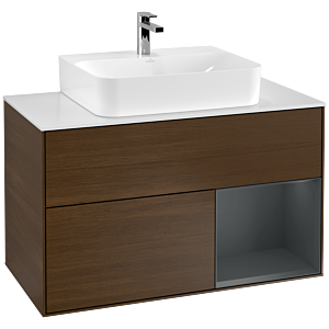 Villeroy und Boch Finion Waschtischunterschrank G121HGGN 100cm, Abdeckplatte white matt, Emotion, Regal rechts Midnight Blue Matt Lacquer, Walnut veneer