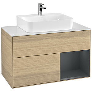 Villeroy et Boch Finion Villeroy et Boch G121HGPC 100cm, plaque de finition blanc mat, émotion, étagère à droite Midnight Blue Matt Lacquer , Oak Veneer
