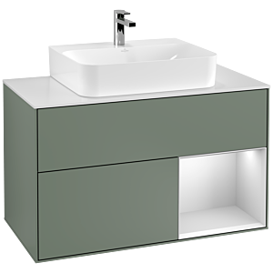 Villeroy et Boch Finion Villeroy et Boch G121MTGM 100cm, plaque de recouvrement blanc mat, Emotion, étagère à droite laqué blanc mat, Olive Matt Lacquer