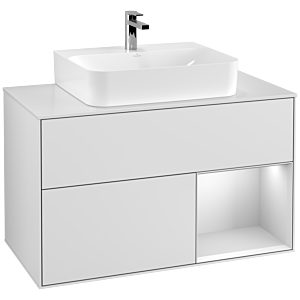 Villeroy et Boch Finion Villeroy et Boch G121MTMT 100cm, plaque de recouvrement blanc mat, Emotion, étagère à droite laqué blanc mat, laqué blanc mat