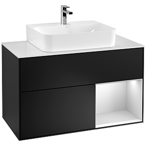 Villeroy et Boch Finion Villeroy et Boch G121MTPD 100cm, plaque de recouvrement blanc mat, Emotion, étagère à droite laqué blanc mat, laqué noir mat