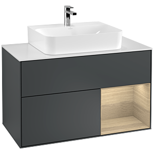 Villeroy und Boch Finion Waschtischunterschrank G121PCHG 100cm, Abdeckplatte white matt, Emotion, Regal rechts Oak Veneer, Midnight Blue Matt Lacquer